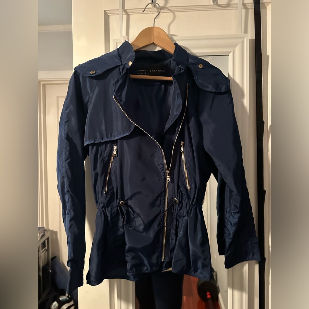 Zara Basic Cinched Waist Hooded Lightweight Rain Trench Jacket Top Blue Women L